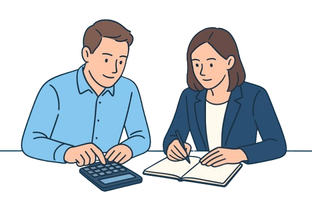 Due lavoratori italiani, un uomo e una donna, seduti a una scrivania per fare il calcolo pensione netta 2025.