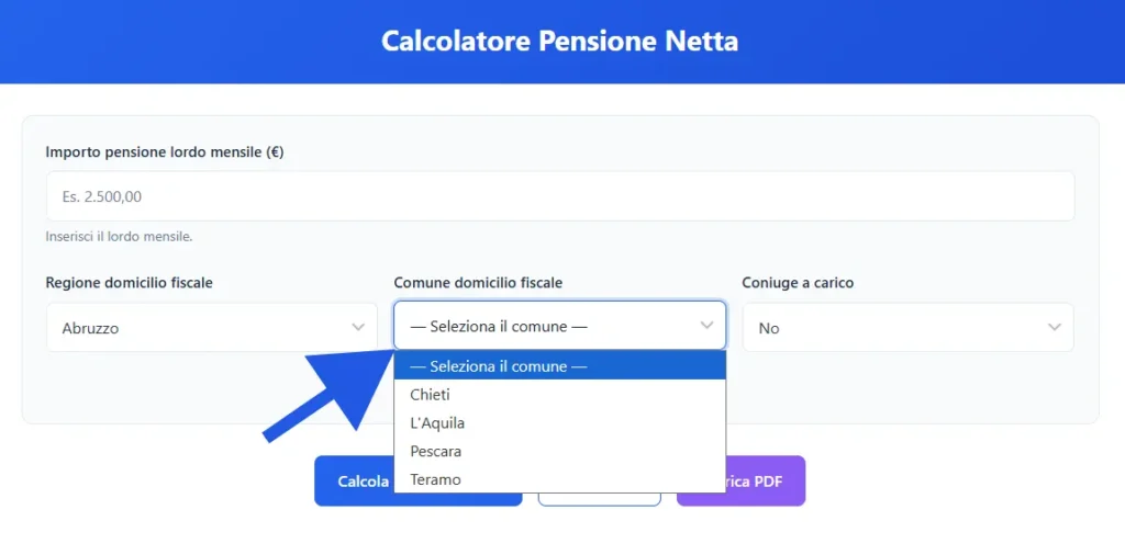 Immagine del Menu a tendina per scegliere il comune di domicilio fiscale