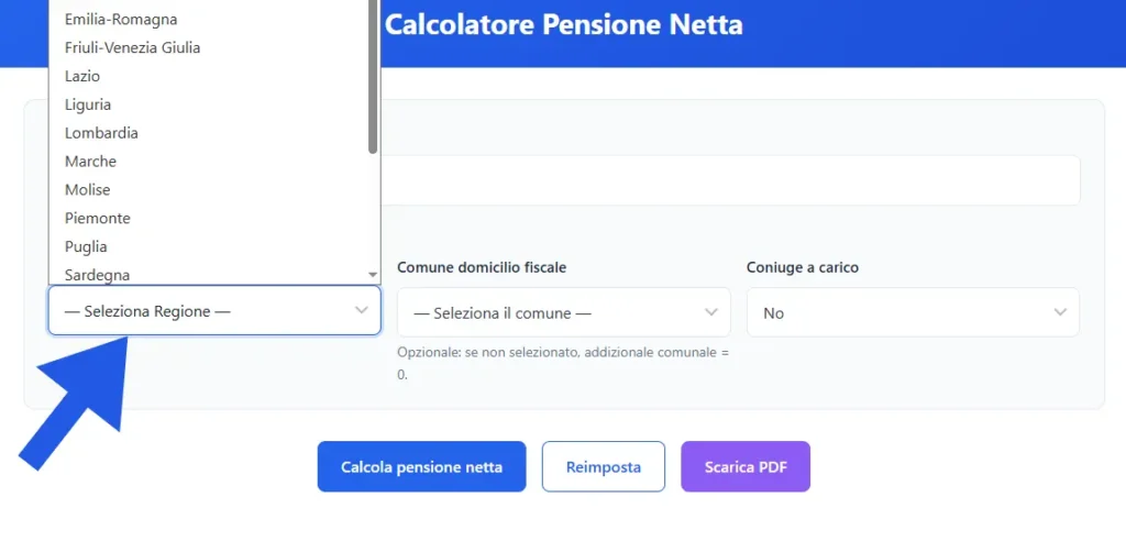 Immagine del calcolatore pensione netta 2025 con menu a tendina per scegliere la regione fiscale.