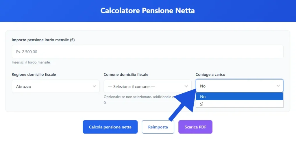 Immagine del Opzione per indicare se il coniuge è a carico e pulsante Calcola pensione.