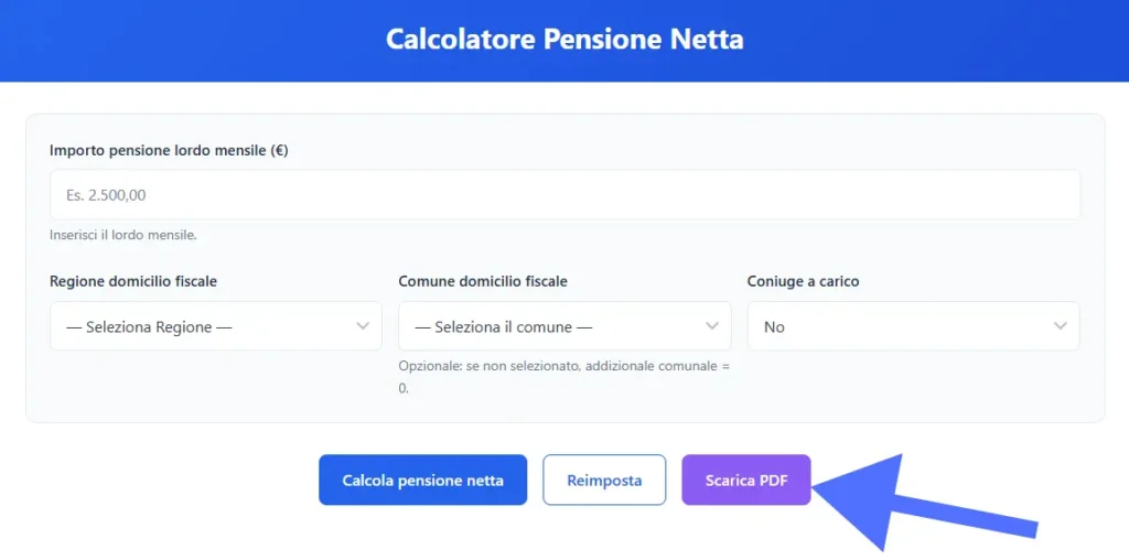 Immagine del pulsante per scaricare un PDF con il calcolo della pensione netta.